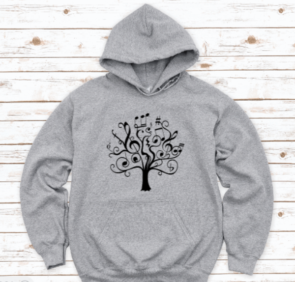 Music Notes Tree, Gray Unisex Hoodie Sweatshirt
