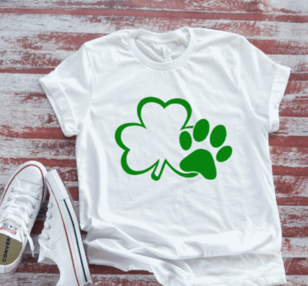 Dog Paw Shamrock, St Patrick's Day, Unisex White Short Sleeve T-shirt