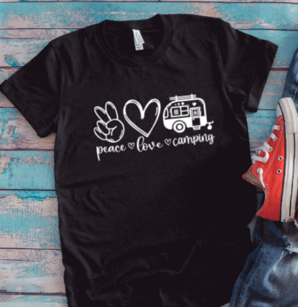 Peace, Love, Camping, Black Unisex Short Sleeve T-shirt