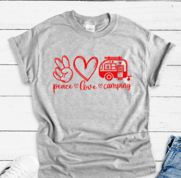 Peace, Love, Camping, Gray Short Sleeve T-shirt