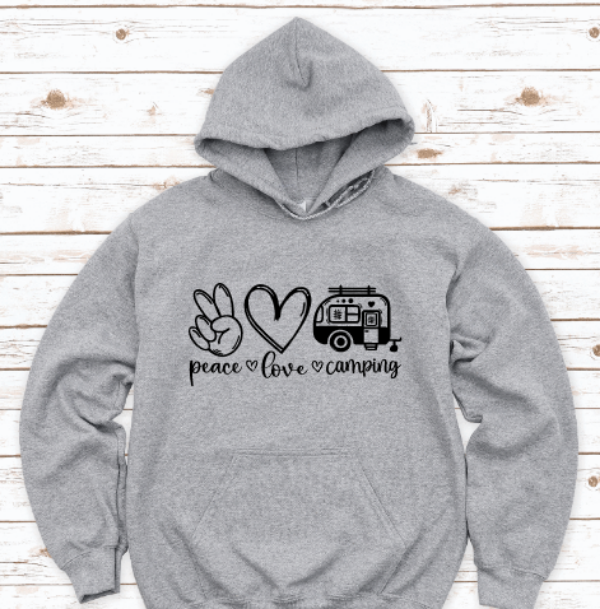 camping hoodie Peace, Love, Camping, Gray Unisex Hoodie Sweatshirt Unisex Large / Purple