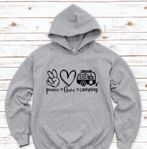 Peace, Love, Camping, Gray Unisex Hoodie Sweatshirt