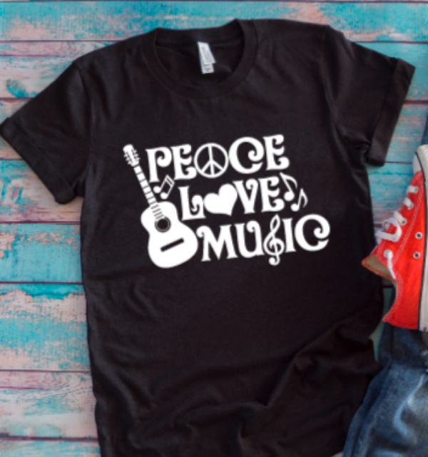 Peace, Love, Music Unisex Black Short Sleeve T-shirt