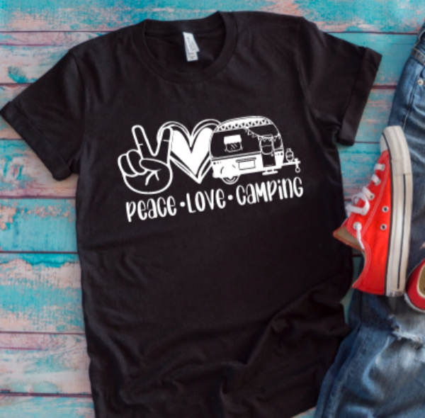 Peace, Love, Camping Black Unisex Short Sleeve T-shirt