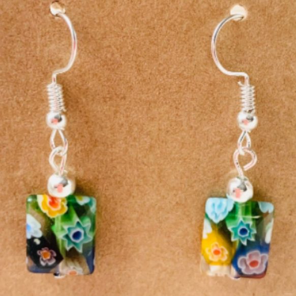 Millefiori glass, multicolored, puffed rectangle with flower design earrings
