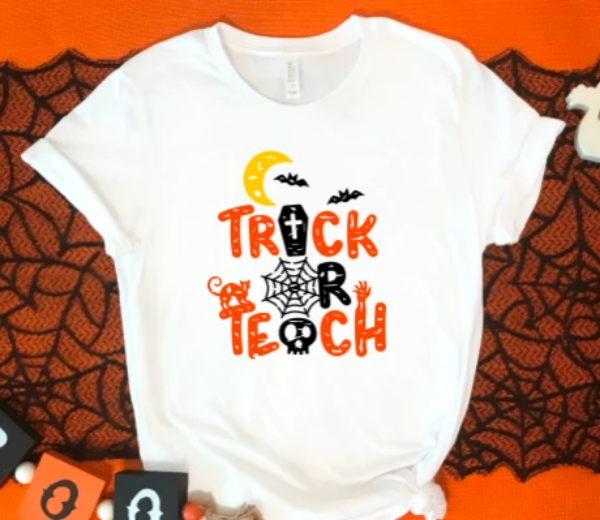 trick or teach halloween teacher white t-shirt