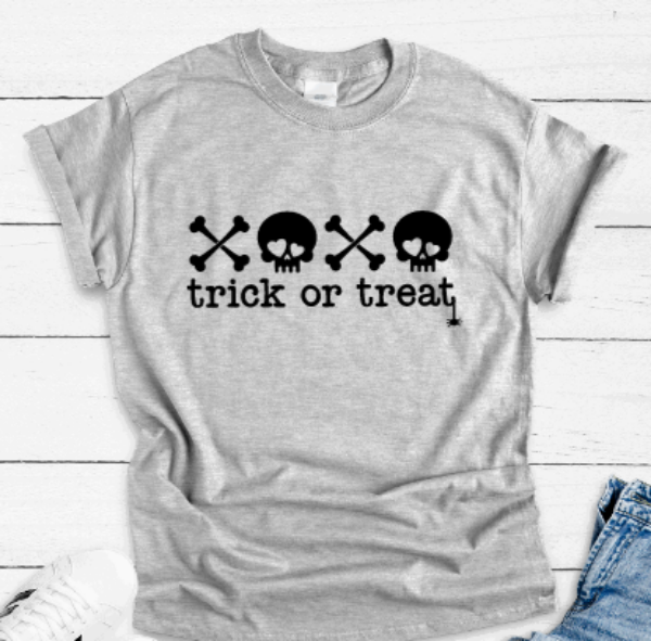Trick or Treat, Skull and Crossbones, Halloween, Gray Short Sleeve Unisex T-shirt