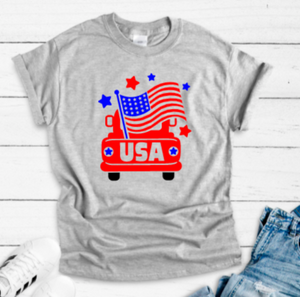 USA American Flag Truck, 4th of July, Gray Short Sleeve Unisex T-shirt