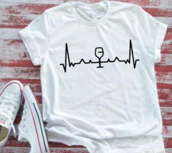 Wine Glass Heartbeat White Unisex  T-shirt/