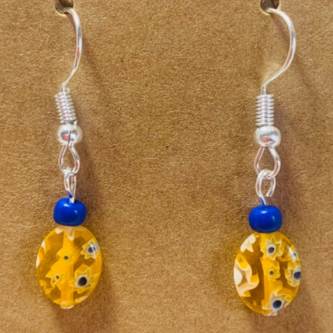 Millefiori glass, translucent golden yellow and multicolored, flat oval with flower design earrings