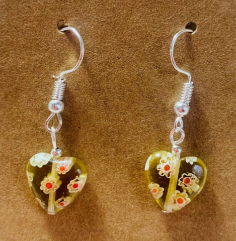 Millefiori glass, transparent light amber / white / peach, puffed heart earrings